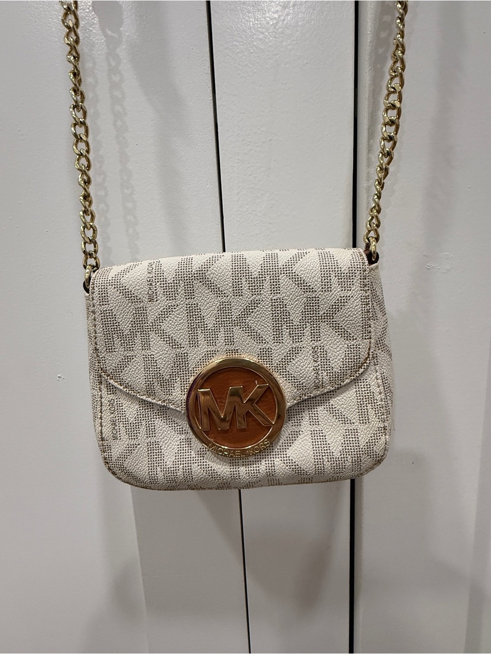 Michael Kors Cream MK Monogram Crossbody with Gold Hardware